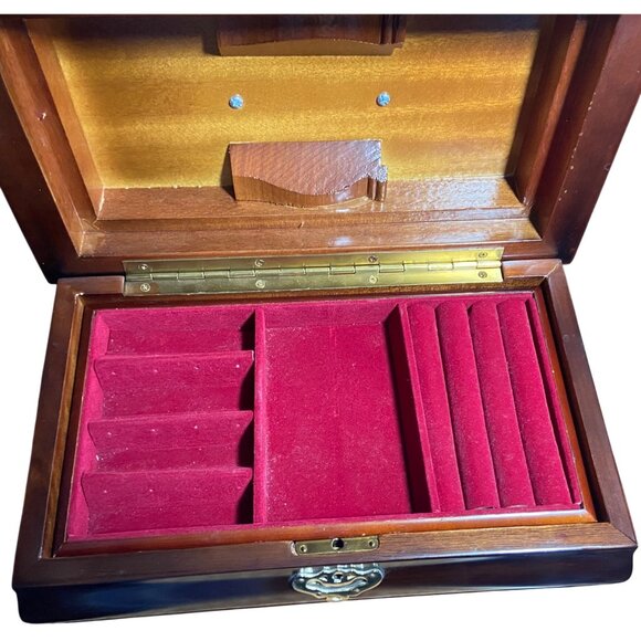 Vintage Korean 1989 Wooden Jewelry Box With Brass Hardware Red Velvet Lining - Picture 9 of 9